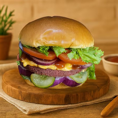 Hambúrguer vegetal suculento no pão brioche macio, com queijo cheddar , molho especial da casa, alface fresquinha, tomate, picles, cebola roxa e um toque de ketchup. Um clássico completo.