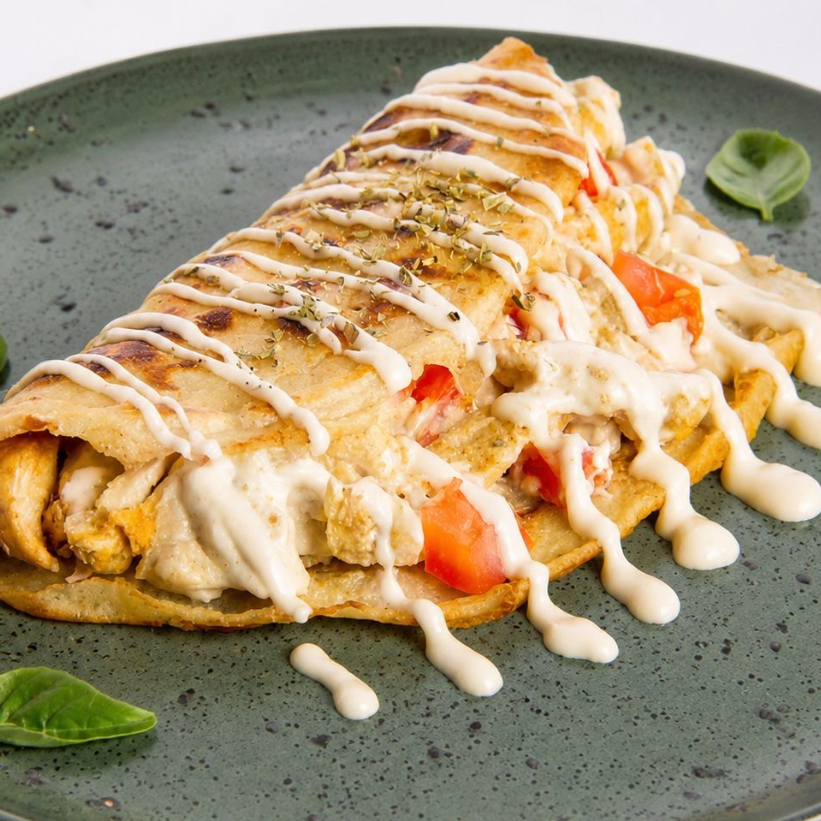 Frango em Tiras, Requeijão Cremoso, Tomate, Orégano, Finalizado com Molho de Queijo Cremoso