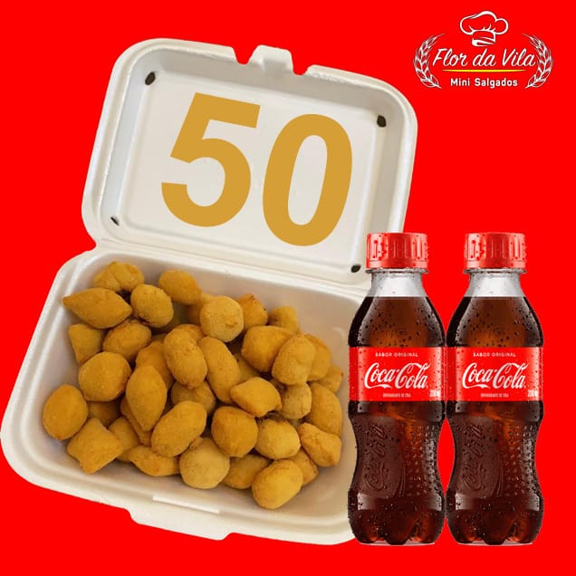 50 Deliciosos mini salgados(13grs). 5 Sabores: Coxinha, presunto e queijo, rissole de carne, enroladinho de salsicha e requeijão. Acompanha 2 cocas 200ml. Não aceitamos alterações neste Mix promocional.