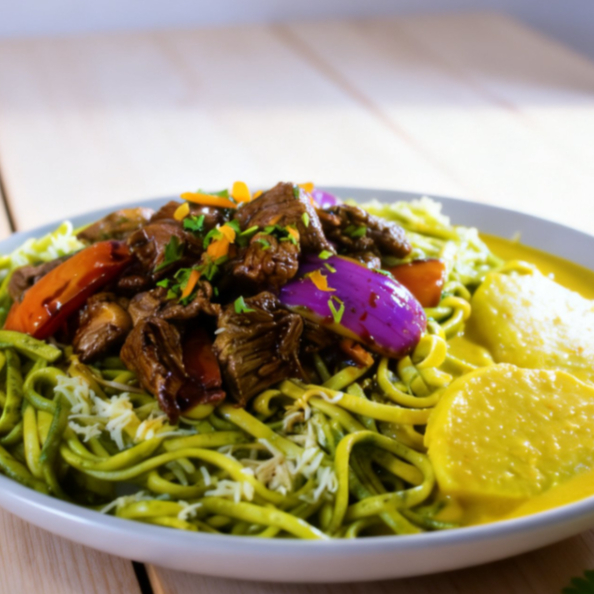 Tallarín al Pesto con Lomo Saltado