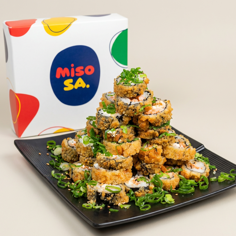 Nori, arroz, pele de salmão grelhada crean cheese, cebolinha empanado na panko