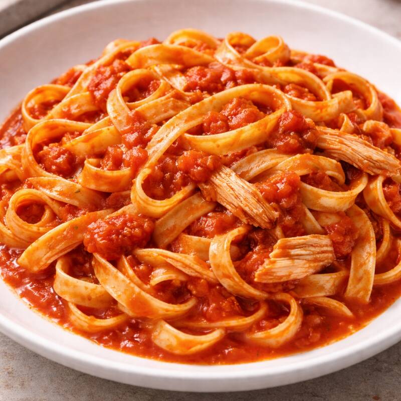 Massa fresca produzida artesanalmente na casa, ao molho sugo acompanhanda de frango desfiado .