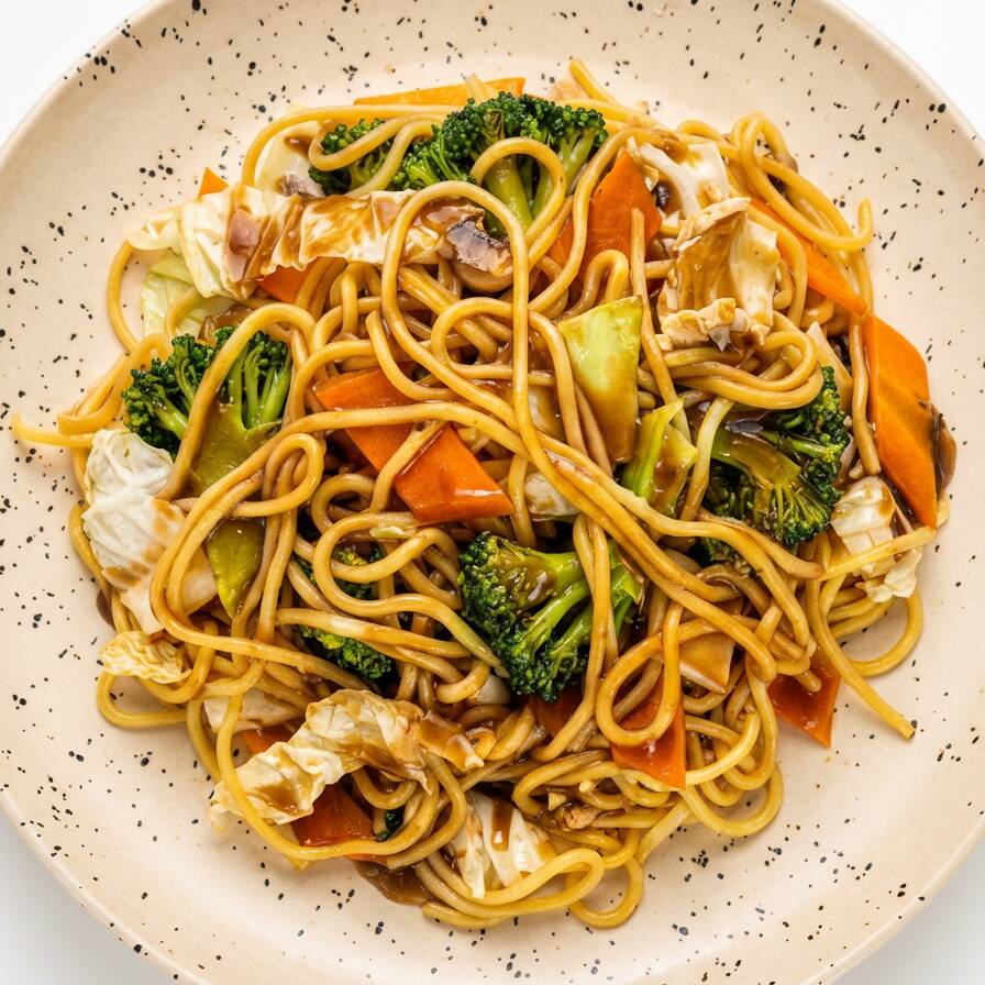 Macarrão chinês cozido com legumes ao molho de soja e especiarias