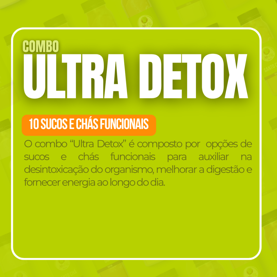 O combo Ultra Detox foi pensado para auxiliar na eliminação de toxinas e oferecer um descanso ao organismo, com bebidas especialmente formuladas para limpeza natural. Contém 10 bebidas.
Todos os produtos do nosso cardápio são ultracongelados, práticos, prontos para serem aquecidos no micro-ondas, airfryer ou forno convencional, garantindo saúde e sabor na sua rotina.
Itens inclusos:
· Santo Chá – 4 unidades
(3 Calorias, 300ml).
· Detox Chá – 4 unidades
(4 Calorias, 300ml).
Termogênico · – 2 unidade
(75 Calorias, 300ml).