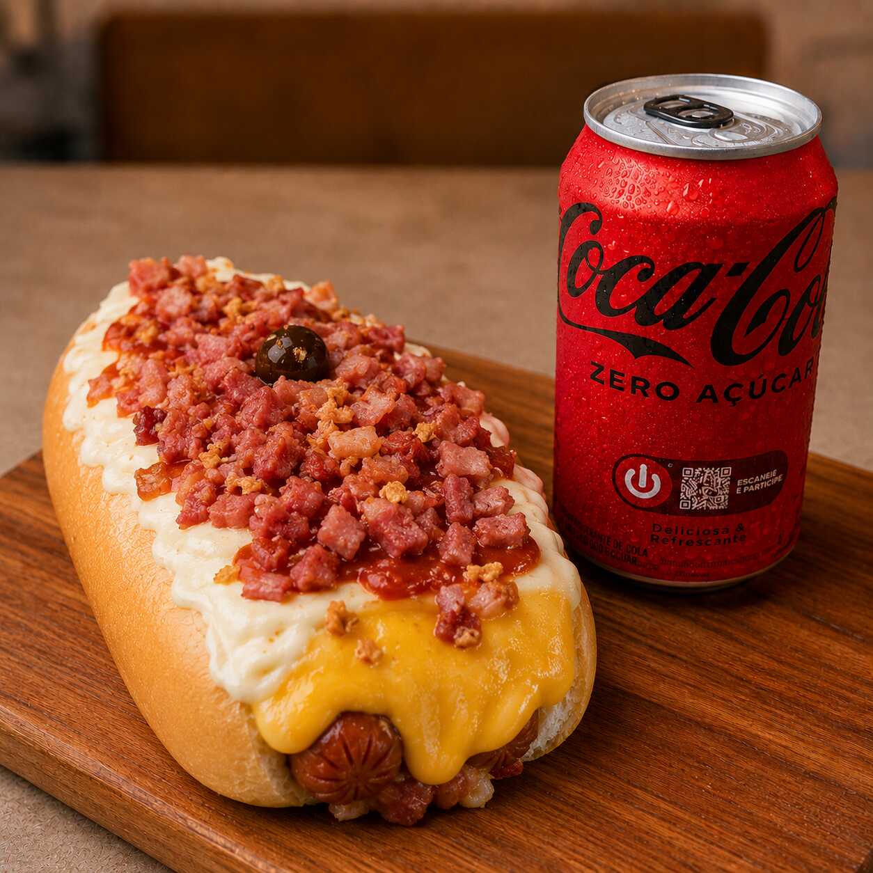 Pão 70 gramas, 1 salsicha, ketchup e mostarda, vinagrete sem cebolas, milho, batata palha, purê de batatas maravilhoso, Maionese hellmans temperada com pate de azeitonas pretas, Bacon em Cubos e Chimicurry, alho frito e uma azeitona.