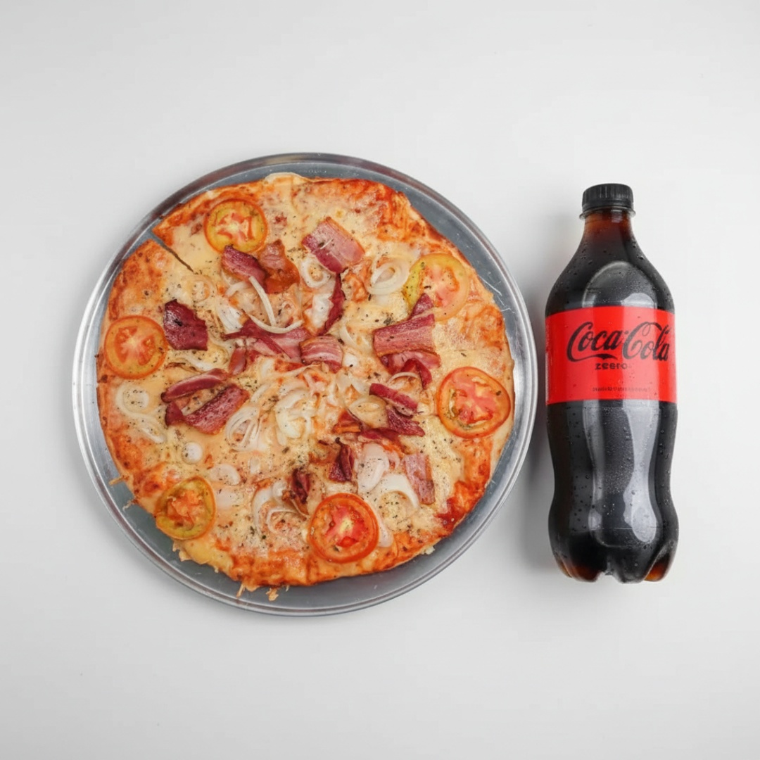 Delicioso Molho De Tomate Caseiro, Mussarela , Bacon ,Tomate, Cebola E Orégano + Coca Cola 1 Litro Gratis
