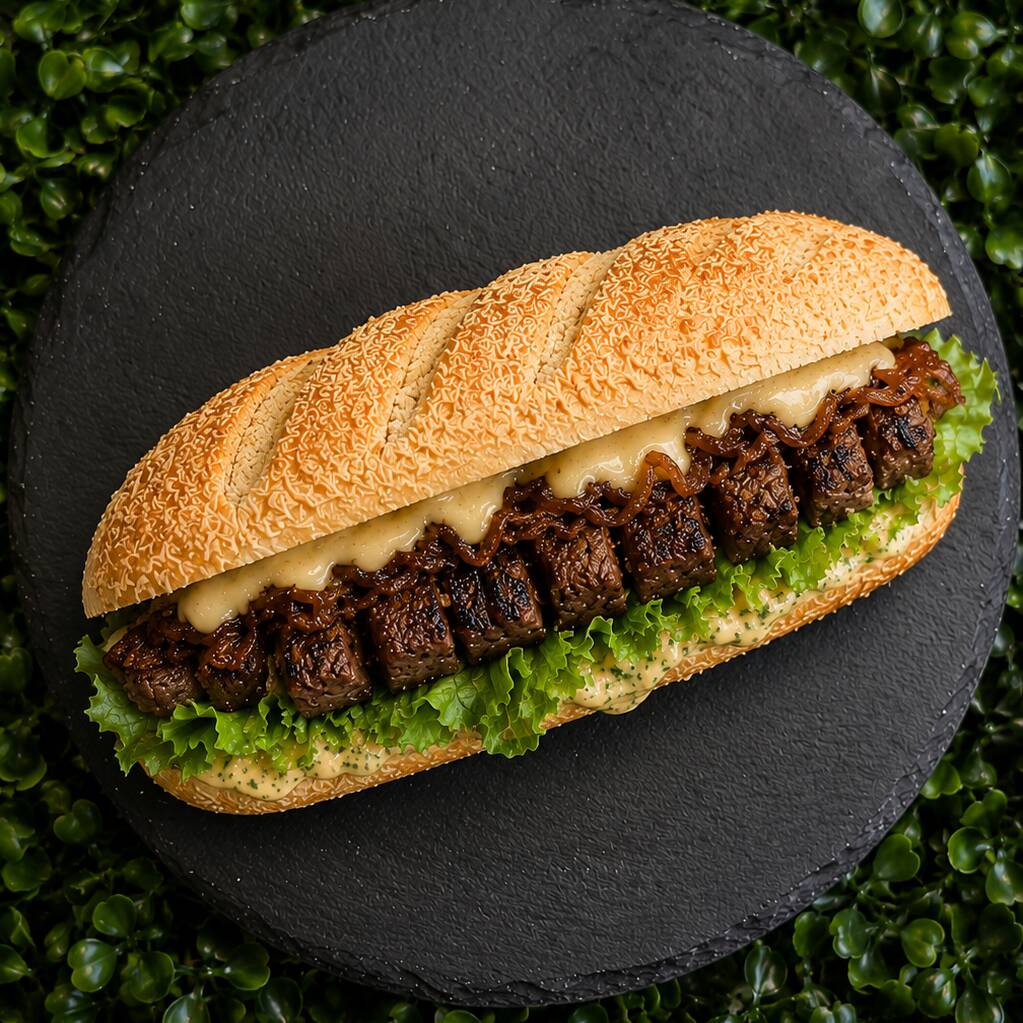 Baguete recheada alcatra macia e saborosa, acompanhada de complementos à sua escolha.