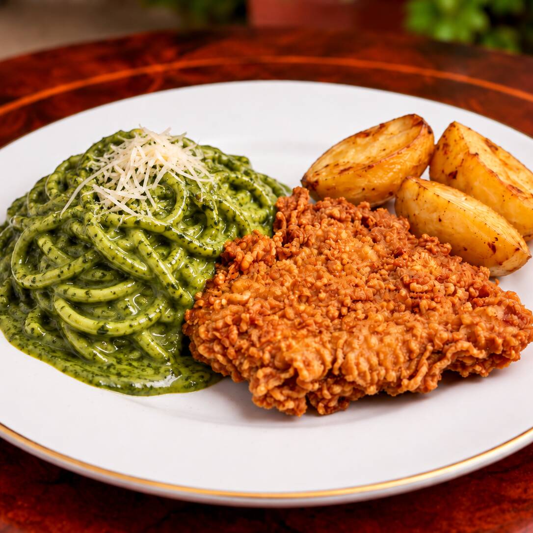 Tallarines Verdes Cremosos con Broaster