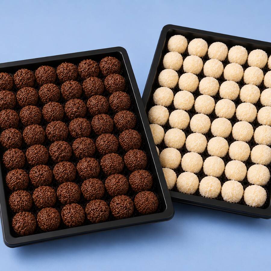 Cento de Festa com 100 docinhos artesanais meio a meio 50 Brigadeiros + 50 Beijinhos. Produzidos artesanalmente com ingredientes de qualidade, macios, cremosos e que derretem na boca. Perfeitos para festas, comemorações e momentos especiais!