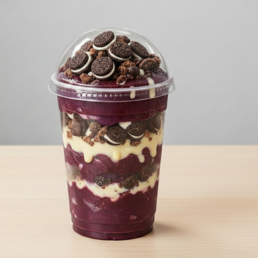 Delicioso açaí cremoso +4 complementos , com as mini bolachas mais amada Brasil e do mundo .