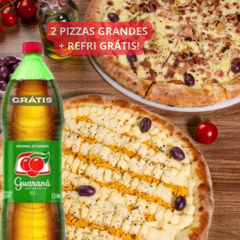 Leve 2 Pizzas Grandes com preço promocional e ainda ganhe 1 refrigerante GRÁTIS!
