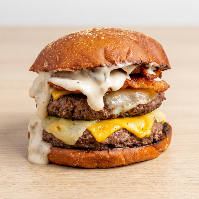 Pão australiano tostado na manteiga + 200g de carne + cheddar + queijo muçarela + bacon + maionese de alho assoado e bacon. Carne enviada ao ponto, se desejar mal passada ou bem passada, informar na observação.
