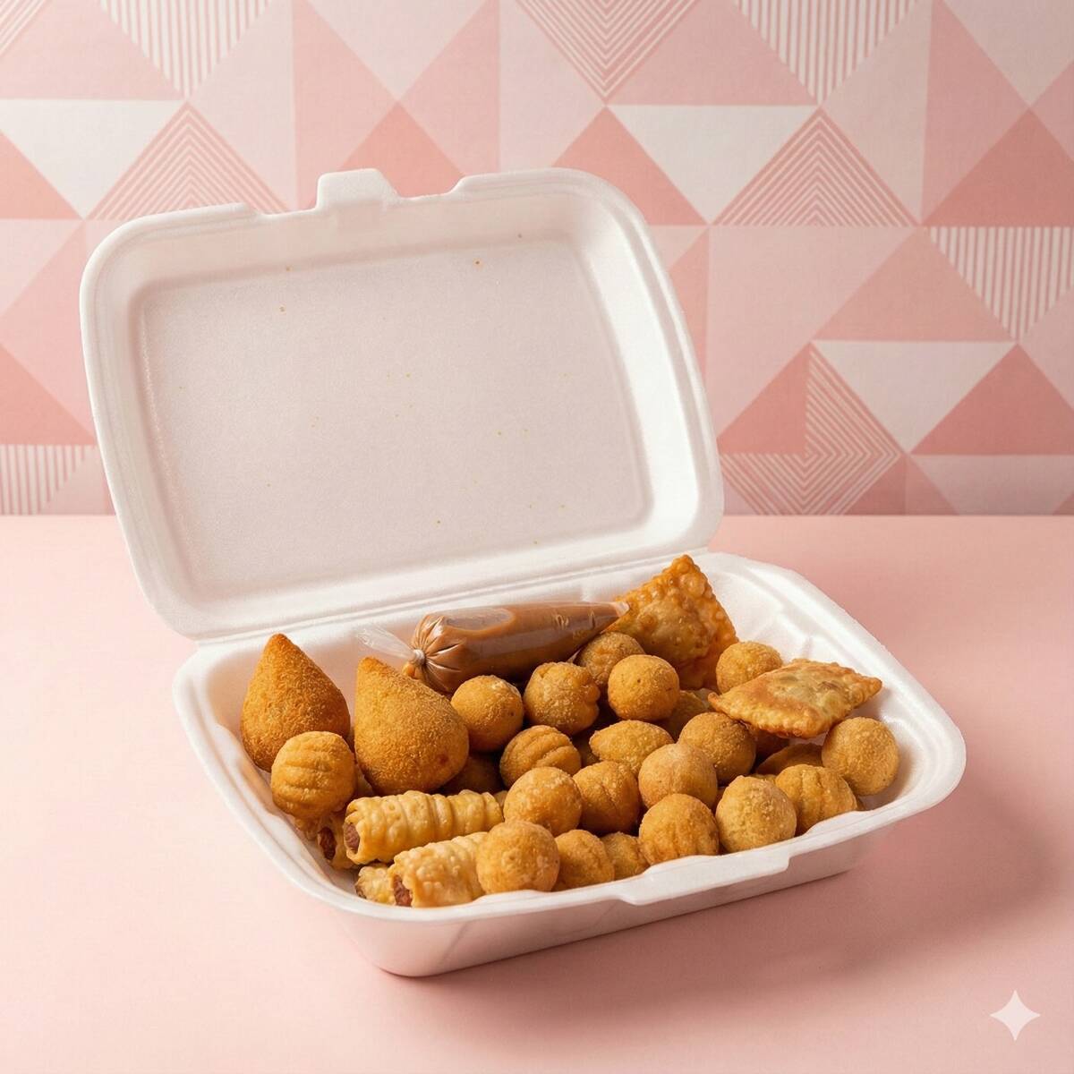 Impossível comer um só! Meio cento (50 un) preparado artesanalmente e frito na hora do seu pedido. O meio cento vai sortido com Coxinha, Bolinha de Queijo, Sabor Pizza, e os nossos diferenciais super crocantes: Canudo e Pastel.