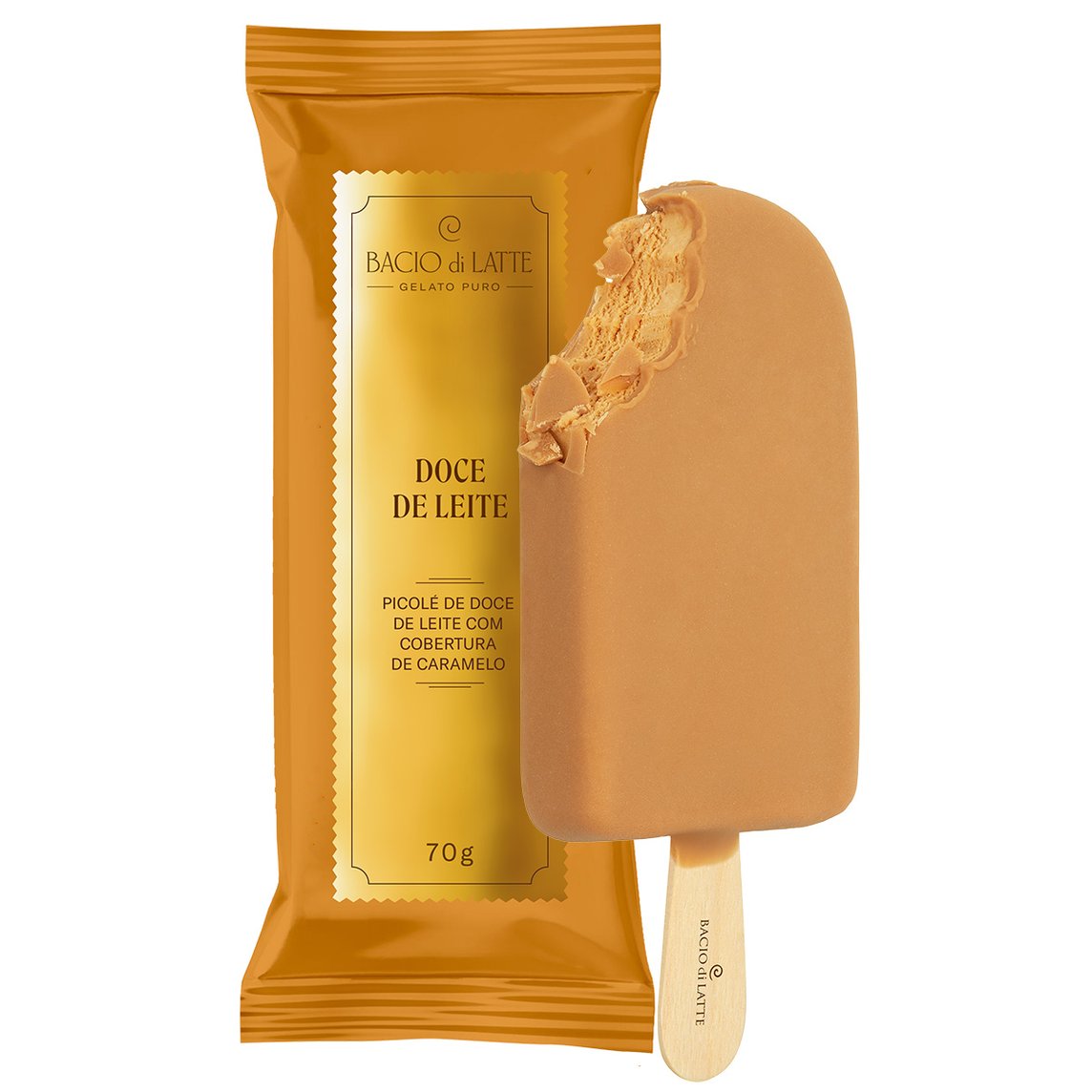 Picolé de Doce de Leite com cobertura de Caramelo.