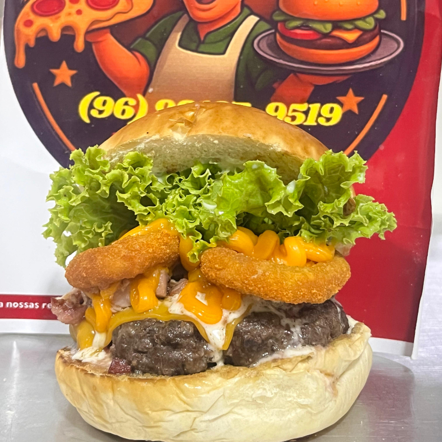 pão, Blend de carne 150g, Bacon, Anéis de Cebola, molho da casa especial, queijo cheddar Polenghi e alface.