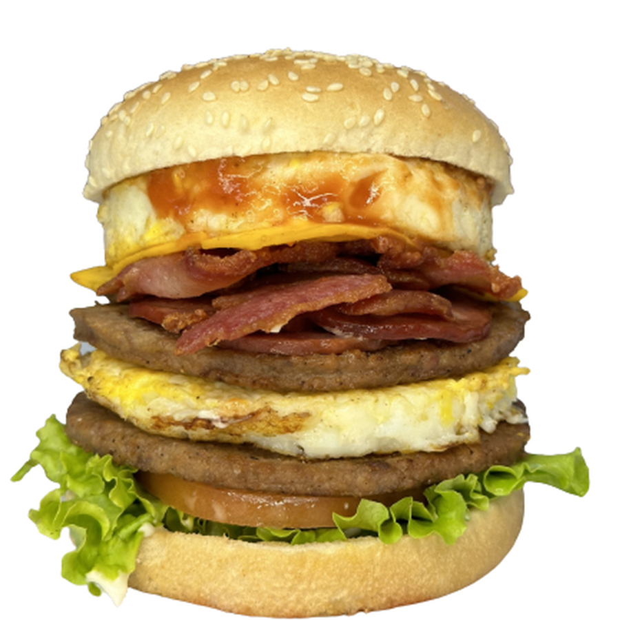 Pão, 2 carnes sabor picanha 120gr, 2 ovos, queijo, calabresa, bacon, salada e molhos