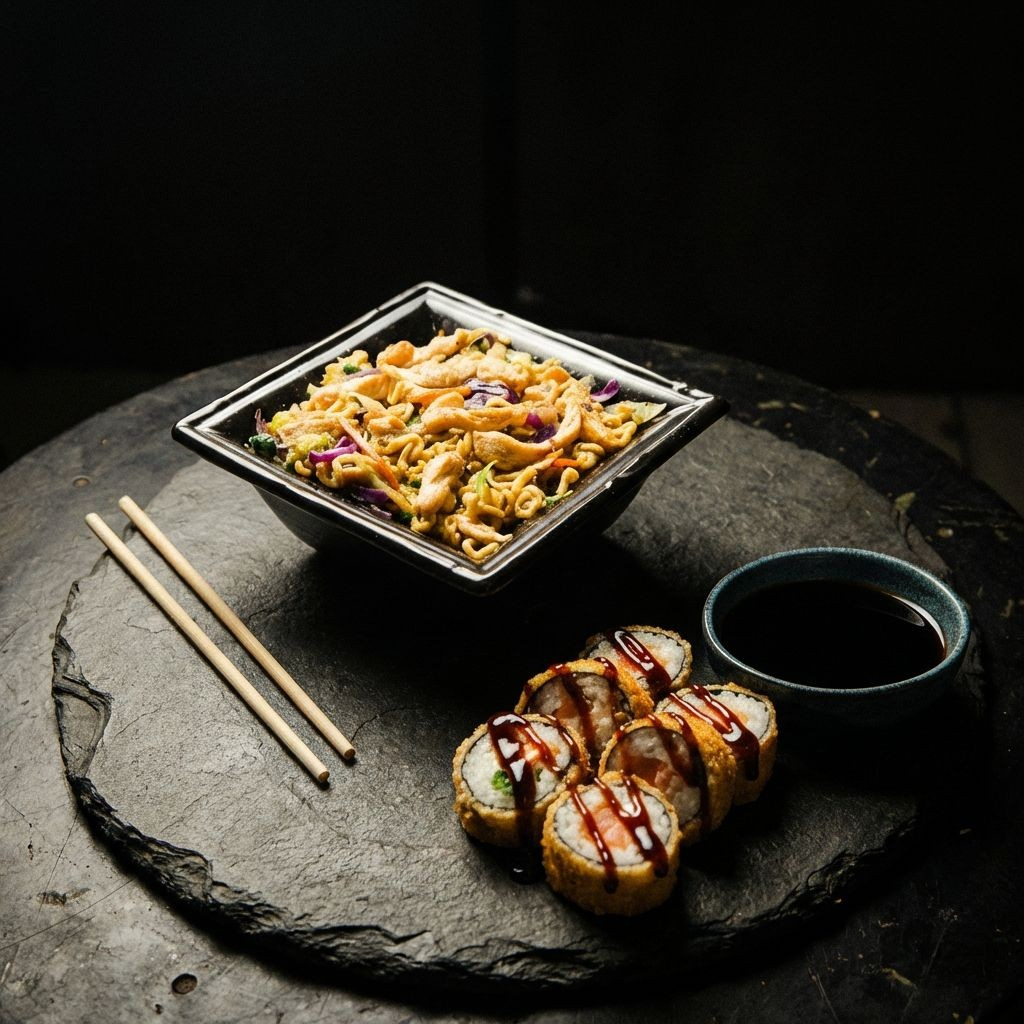 Yakissoba + 6 Rolls Yakissoba quentinho e bem servido, acompanhado de 6 rolls frescos para uma refeição completa e equilibrada. #yakissoba #combojapa #jantarcompleto #sushilovers