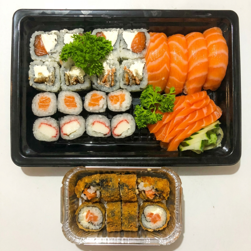 4 uramaki Filadélfia, 4 uramaki skin, 4 hossomaki salmão, 4 hossomaki kani, 4 niguiri salmão, 4 sashimi salmão, 8 hot