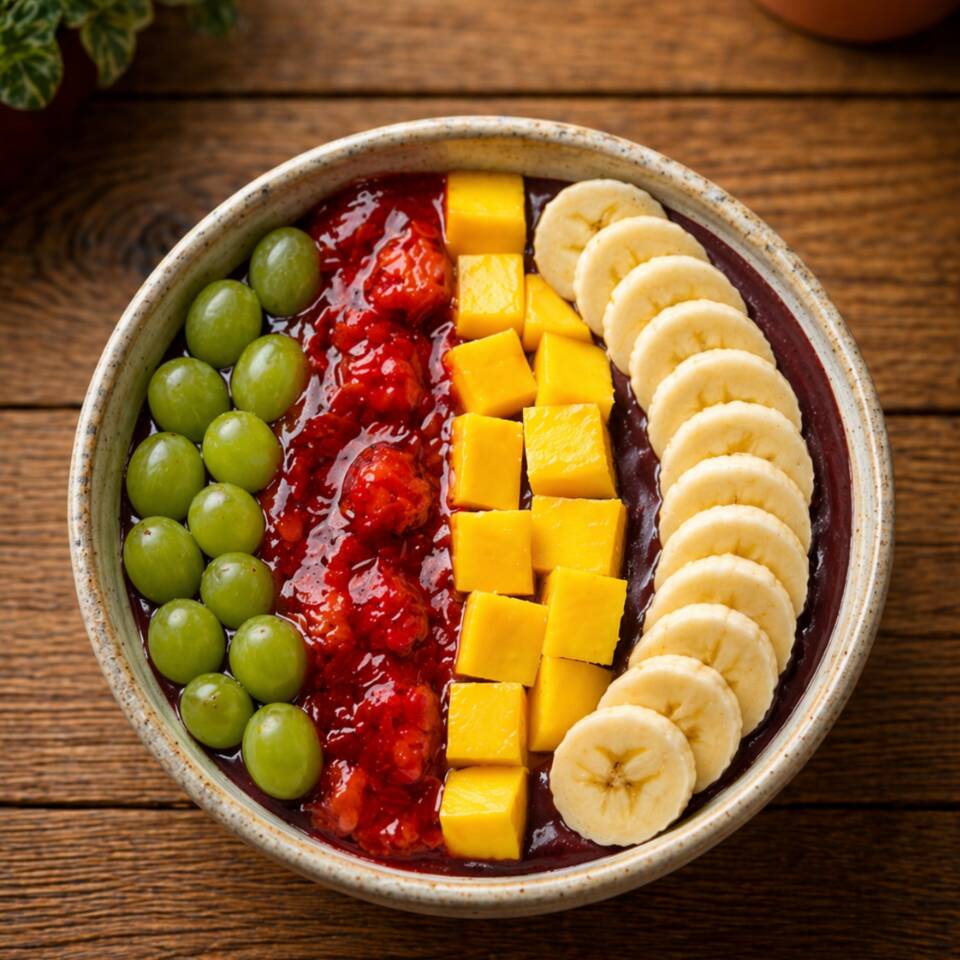 Bowl 550ml • Tamanho Grande Açaí cremoso com calda de morango bem servida, manga fresca em cubos, banana fatiada e uvas verdes, criando uma combinação completa, equilibrada e cheia de textura. Do doce ao refrescante, cada colherada entrega uma explosão de frutas com o melhor do açaí. O bowl que representa a essência da Hoje Tem Açaí.