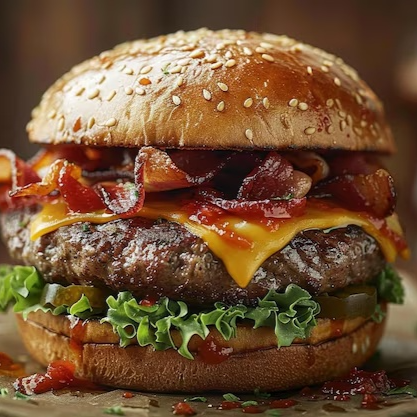 BURGUER CON TOCINO Y CEBOLLA CARAMEIZADA