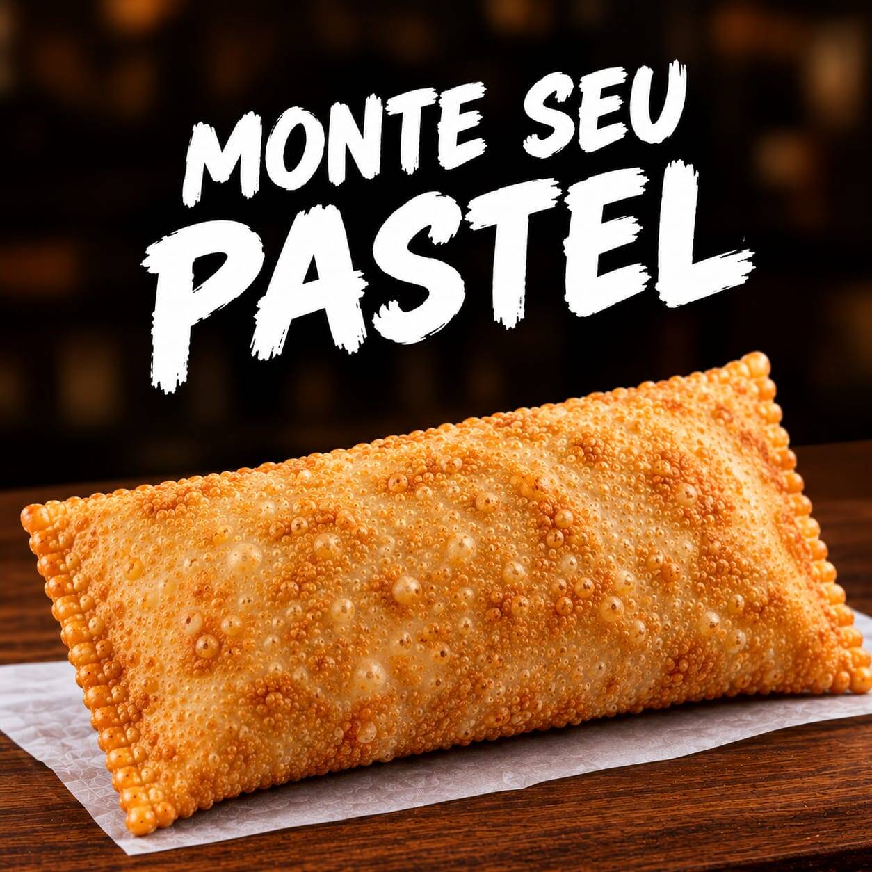 Crie o pastel perfeito do seu jeito! Combine carnes, queijos e adicionais para montar um pastel único e super recheado.