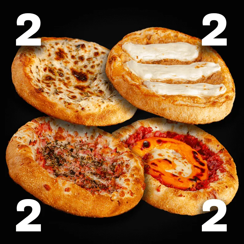 2 Pão de Alho | 2 Calabresa com Cheddar | 2 Frango com Cream Cheese | 2 Muçarela com Presunto