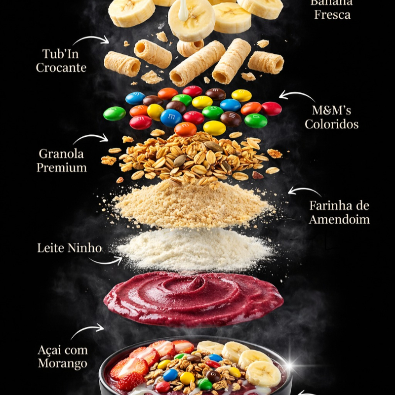 Delicie-se com nosso Açaí Premium Supremo, uma experiência cremosa e intensa feita com açaí 100% natural da Amazônia, selecionado para energia que revitaliza e sabor que conquista. Porção de 700ml: Ideal para um lanche rápido e nutritivo. Escolha sua versão preferida até 4 Sabores do Açaí: 🍫 Com Chocolate Branco (Leitinho): Doçura suave e sofisticada 🍌 Com Banana: Energia natural e cremosidade extra 🍓 Com Morango: Frescor vibrante e equilíbrio perfeito ✨ Tradicional: O clássico puro e autêntico Este combo inclui, GRÁTIS: ✔ 5 acompanhamentos à escolha (Leite Ninho, M&M's, Tub'In, Granola, Farinha de Amendoim, Amendoim Granulado e Chocoball) ✔ 1 calda premium (Leite condensado, Calda Morango e Chocolate) ✔ 1 fruta fresca (Banana) Benefícios: 0% Gordura Trans: Opção saudável para o seu Dia a Dia. 0% Lactose: Perfeito para quem tem restrições alimentares. 100% Natural: Feito com açaí puro, sem aditivos artificiais. Destaques: Sabor Clássico: O que todo mundo ama! Energia natural: Fonte de antioxidantes e nutrientes essenciais. Por que escolher? 🌿 Fonte de antioxidantes – energia e saúde natural 🥛 Zero lactose e glúten – todos podem aproveitar 🎨 Personalização total – monte do seu jeito Peça agora e viva a verdadeira tentação cremosa da Amazônia! 🌟