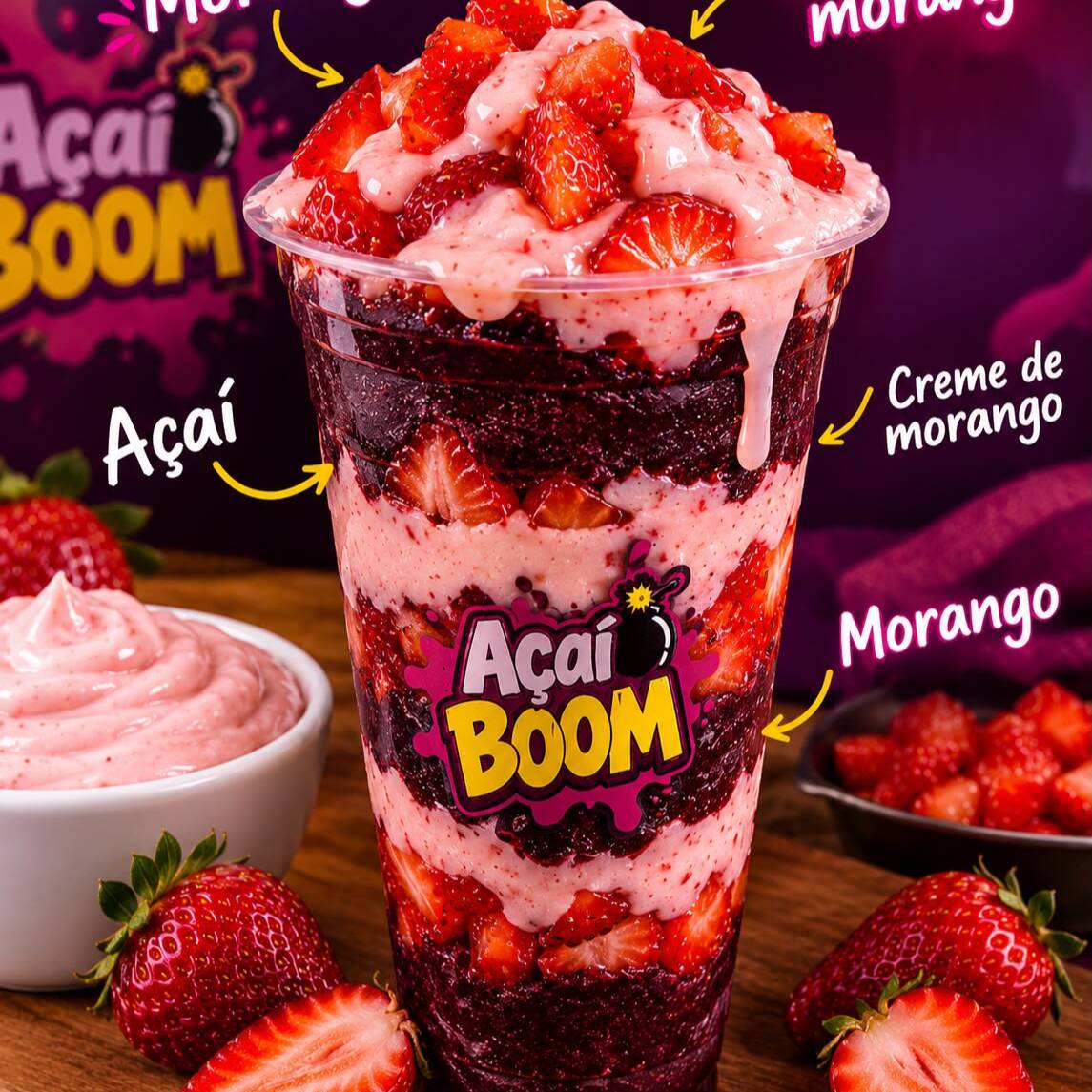 Delicioso açaí acompanhado de creme de morango e morangos