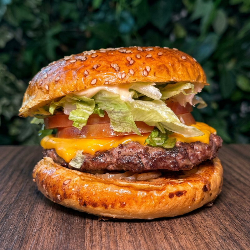 Pão brioche, hamburguer artesanal grelhado na brasa de 170g, queijo derretido, alface, tomate , e maionese da casa.