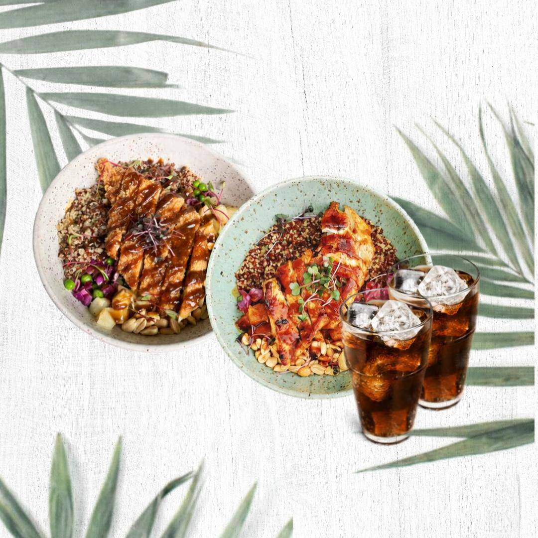1 frango grelhado teriyaki (Tiras de frango grelhado salteadas no molho teriyaki, arroz vermelho e legumes da estação salteados. Para finalizar, um toque de gergelim e nuts crocantes)
1 frango empanado teriyaki (Tiras de frango empanado ao molho teriyaki, arroz vermelho e legumes da estação salteados. Para finalizar, um toque de gergelim e nuts crocantes)
1 coca comum
1 coca zero
