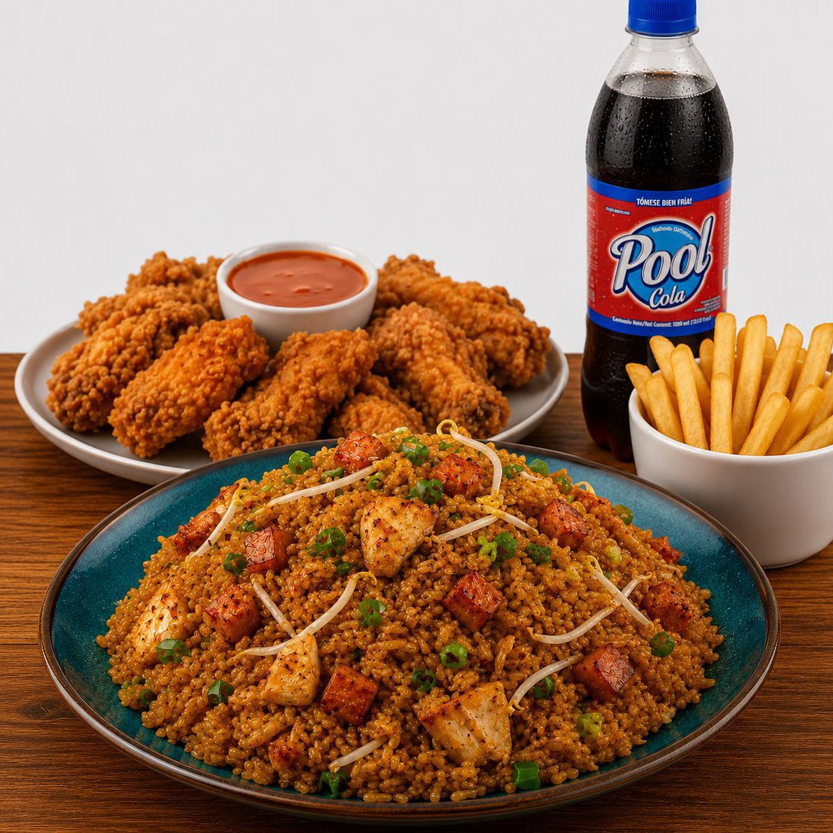 Arroz Chino 6per, 10 Alitas, Papas Gaseosa 1.5