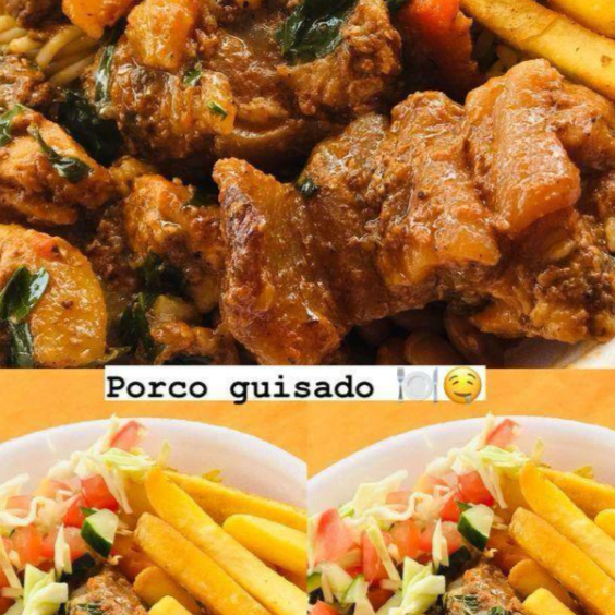 Carne de porco guisada, macia e bem temperada, preparada na hora, acompanhada de arroz, feijão, macarrão, salada, farofa e batata frita.
