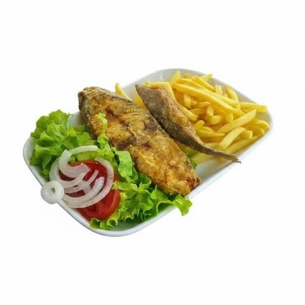 peixe frito em posta, arroz branco, pirão ou feijão, batata frita ou purê e salada.