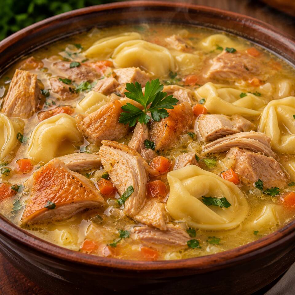 Saborosa sopa de capeletti de frango. com pedaços de coxa e sobrecoxa de frango, cenoura e mussarela. Acompanha torradas. ( serve uma pessoa).