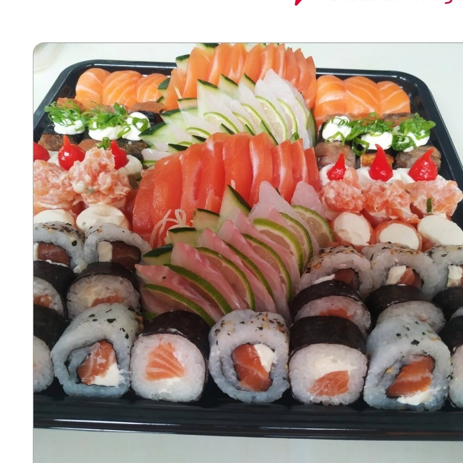 20 sashimis de salmão, 20 sashimis de tilápia, 12 niguiris variados, 18 gunkan variados, 10 uramaki variados, 20 hots