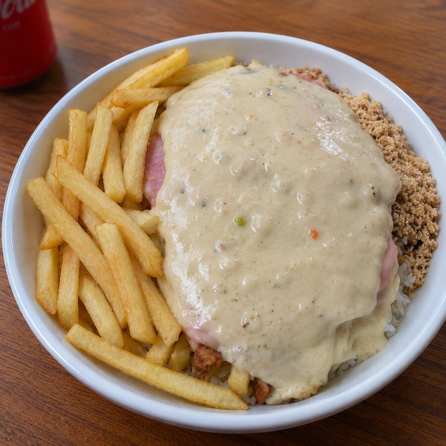 Almoço bom e barato com entrega grátis! Filé de frango empanado ao molho branco, você monta sua marmita escolhendo 4 guarnições: batata frita, arroz, feijão, macarrão, farofa ou salada de legumes. Marmitex caprichada, comida brasileira caseira de verdade, feita na hora pra matar sua fome. PF completo perfeito pro seu almoço!