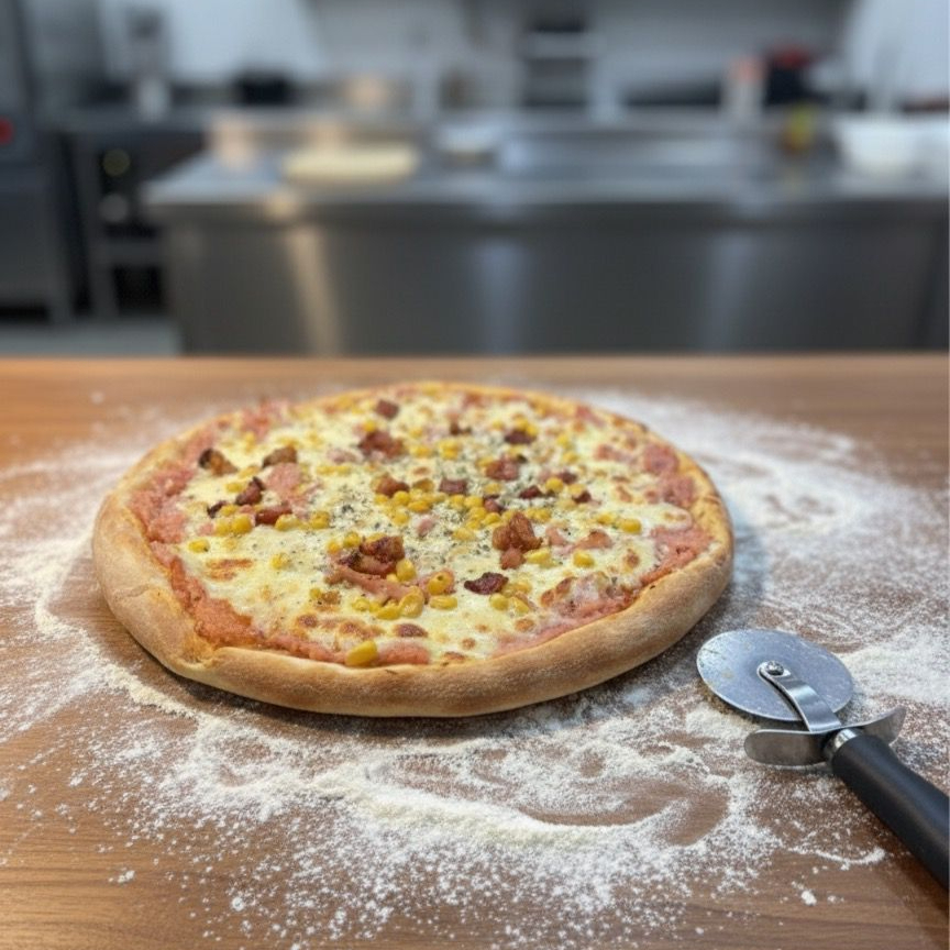 Massa tradicional, molho ao sugo, mussarela, presunto, bacon, milho e orégano.