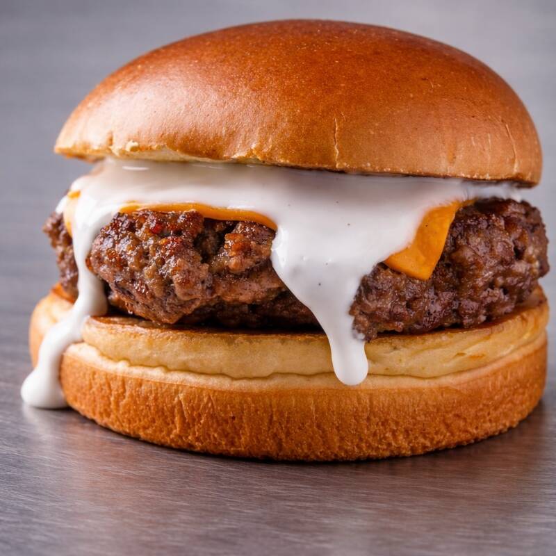 130g carne , pão chapeado na manteiga de garrafa ,maionese caseira, alface e tomate