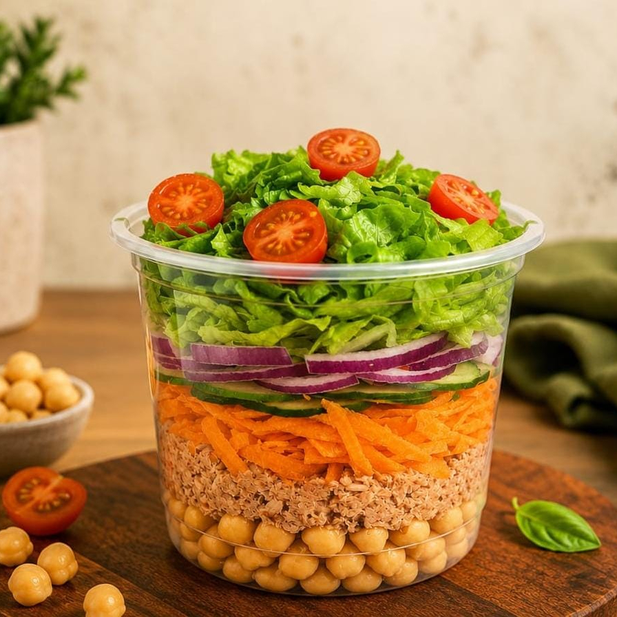 Grão de bico, atum, cenoura ralada, pepino, cebola, tomate cereja, mix de folhas.