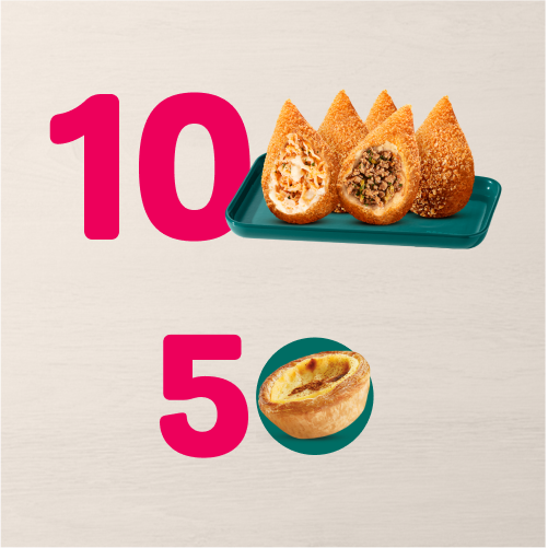 Combo com 10 Coxinhas Clássicas + 5 Pastéis de Belém por um preço especial. Corre e garanta essa delícia agora mesmo! Delícia que dá gosto!