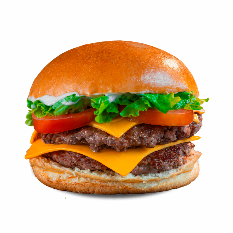 Pão de brioche, maionese Hakuna, cheddar fatiado e duplo burguer smash 70g.