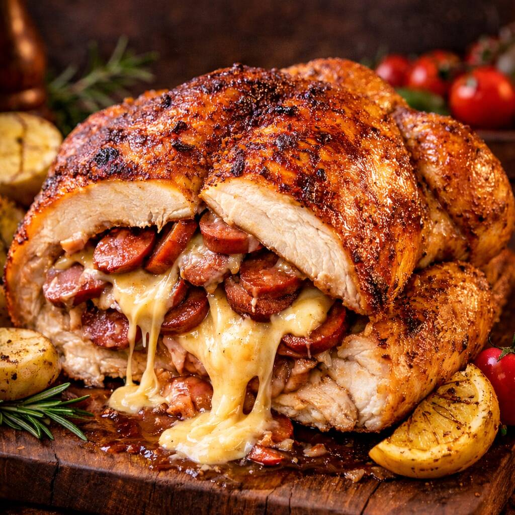 Um frango inteiro de aproximadamente, cuidadosamente marinado em temperos especiais para garantir sabor intenso e maciez incomparável. Assado lentamente até ficar dourado por fora e extremamente suculento por dentro, ele é generosamente recheado com calabresa levemente defumada e queijo derretido cremoso, que se espalha a cada corte.