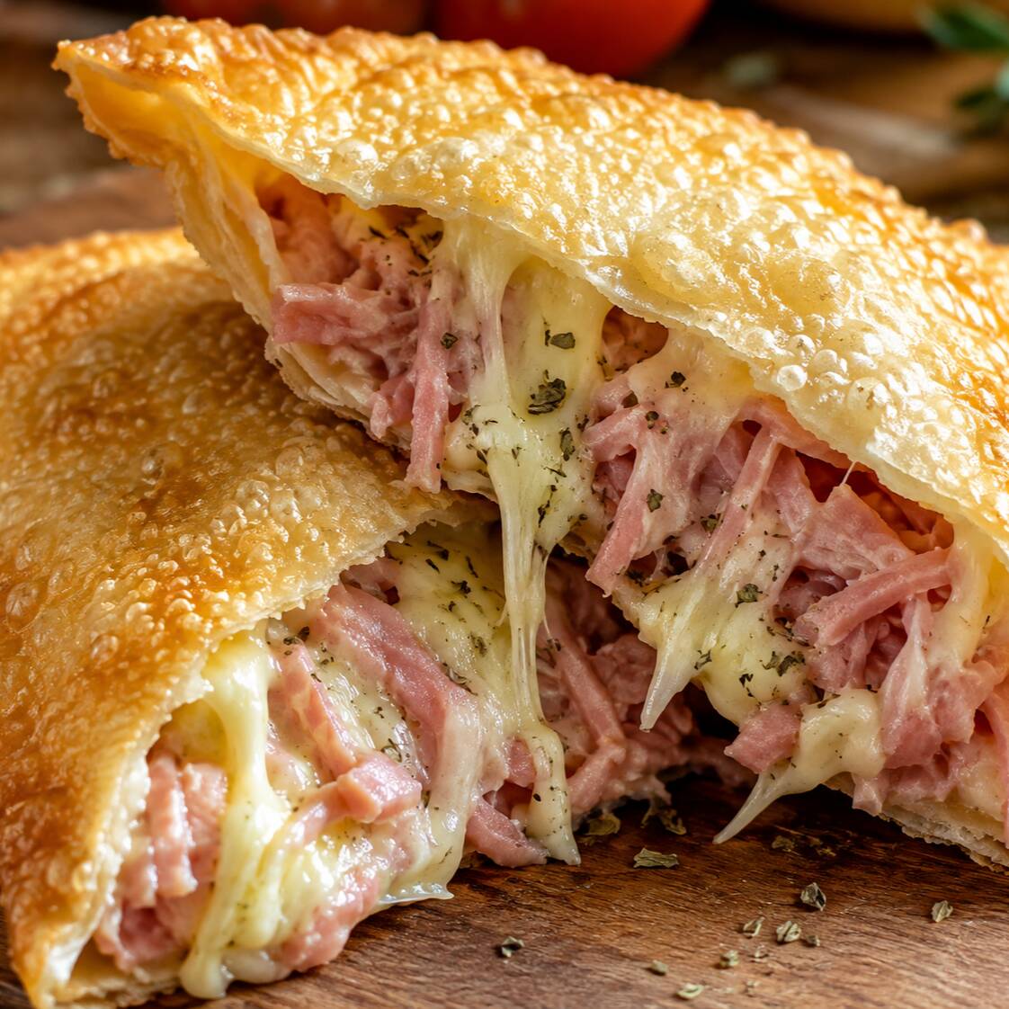 Mussarela e presunto raladinhos, combinados com um delicioso toque de orégano, envolvidos em uma massa douradinha e crocante. Um clássico simples, caprichado e irresistível! 🤤