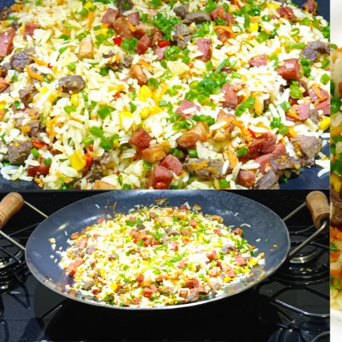 Arroz, cebola, tomate, bacon, calabresa, frango desfiado, milho, molho de alho e shoyu.