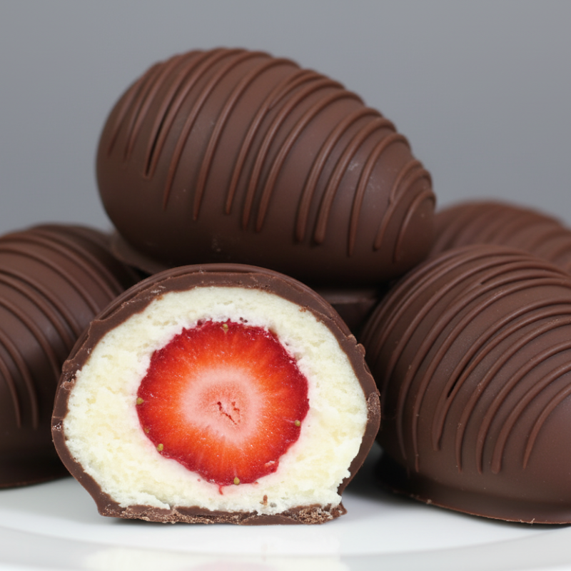 Bombom de prestigio com morango envolto em uma casquinha crocante de chocolate