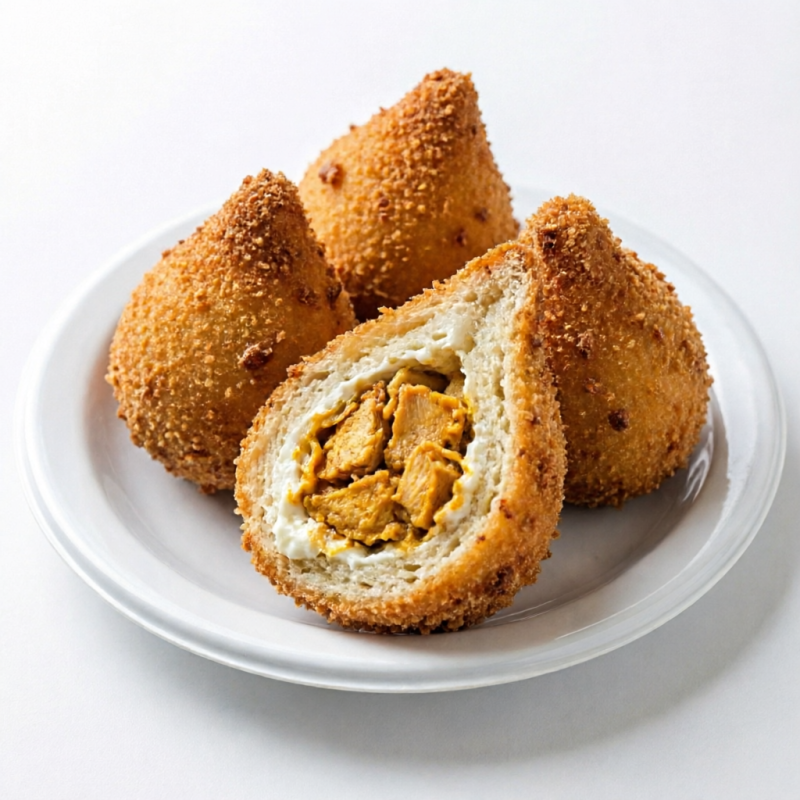 A Rainha dos Salgadinhos, nossa Coxinha tradicional recheada de Frango Temperada, bem sequinha e Crocante, 20 Gramas