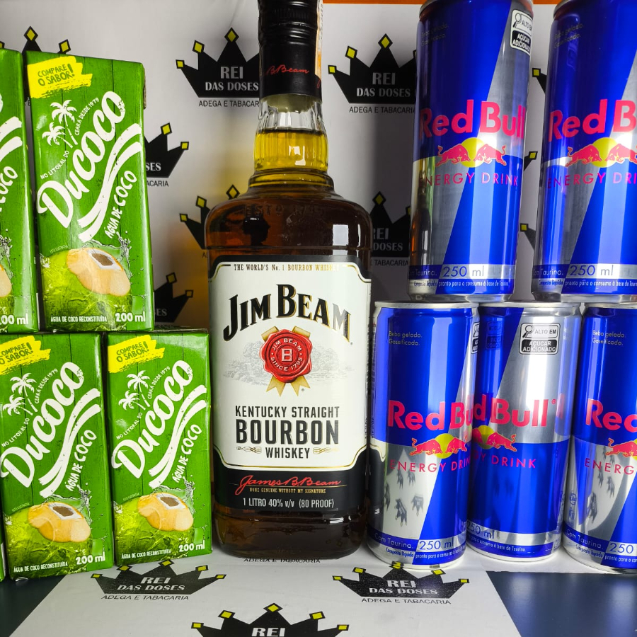 WHISKY JIM BEAM 1L,5 RED BULL TRADICIONAL E 5 GELOS DUCOCO