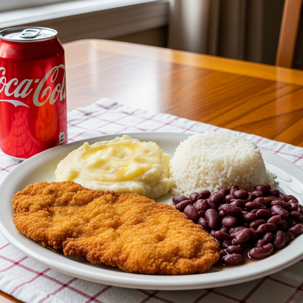 Um suculento filé de frango à milanesa, crocante e dourado por fora, servido com a sua escolha entre purê de batata cremoso ou batatas fritas, além de arroz branco soltinho e nosso feijão com tempero de casa. Escolha uma bebida de sua preferência.