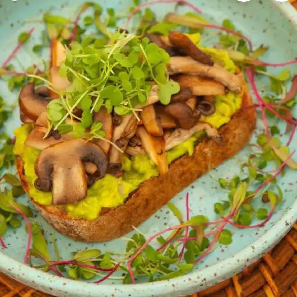 pão sourdough com guacamole, comelos paris e shimeji refogados e tomate confit