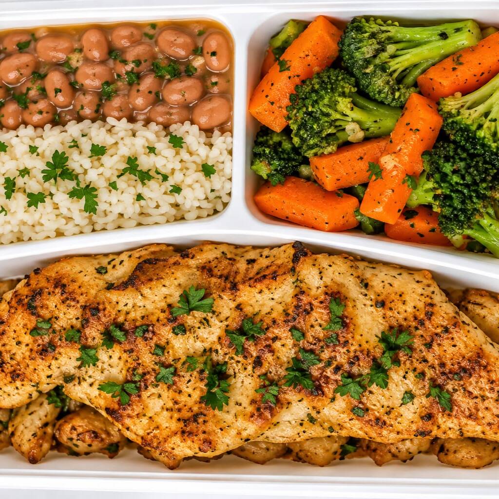 130 g de frango grelhado, 120 g de arroz, 80 g de feijão e 100 g de legumes. Uma refeição completa e equilibrada, com uma ótima combinação de proteína, carboidratos e vegetais para o Dia a Dia. ≈ 480 kcal | ≈ 43 g de proteína.